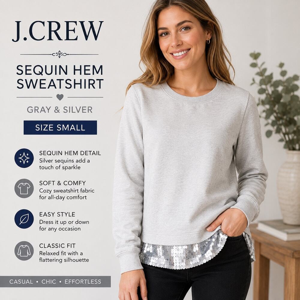 J.Crew Womens Sweatshirt Small Gray Silver Sequin Hem Pullover Long Sleeve